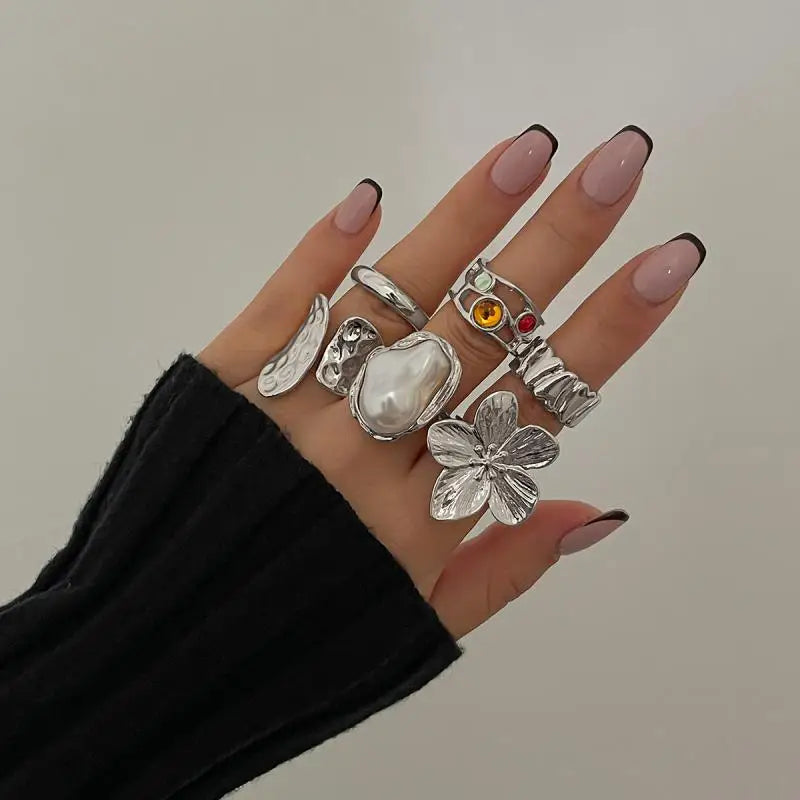 Flower Crystal Pearl Open Ring