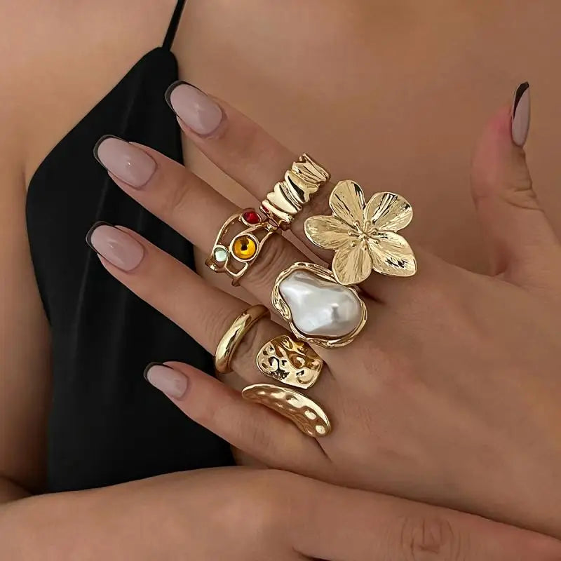 Flower Crystal Pearl Open Ring