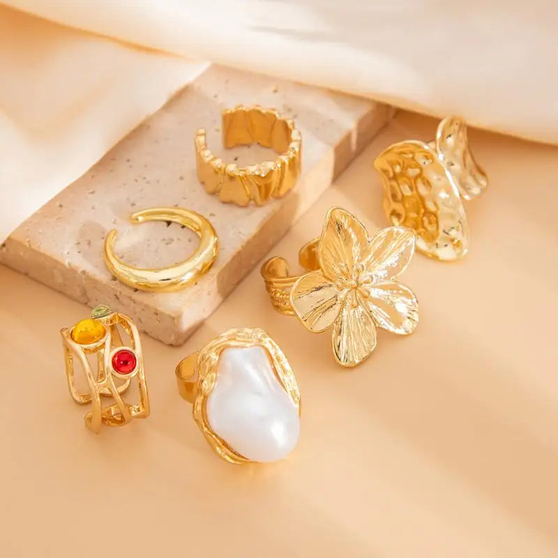 Flower Crystal Pearl Open Ring