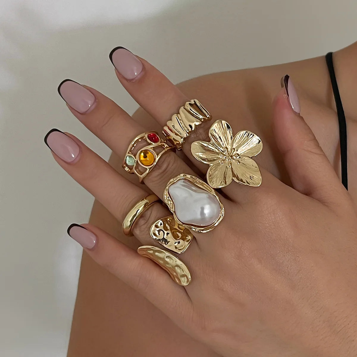 Flower Crystal Pearl Open Ring